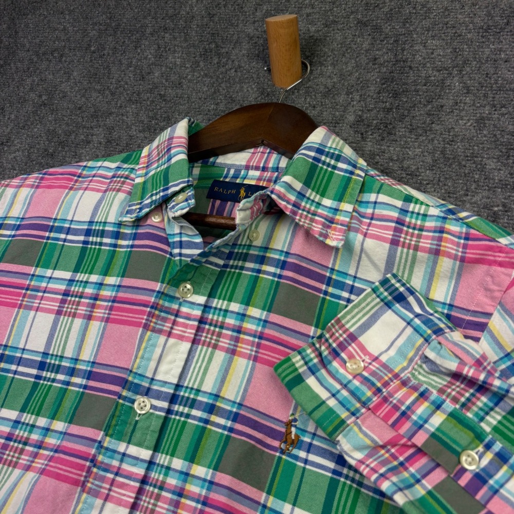 Ralph Lauren Button Down Shirt Mens M Pink Green Plaid Long Sleeve Cotton Pony